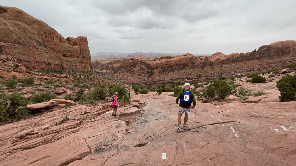 Down the wet slick rock